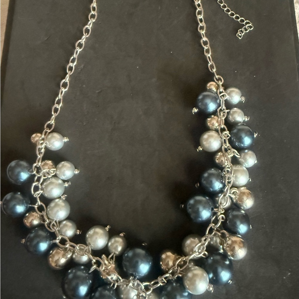 Cluster Pearl Necklace - Silver and Dark Blue